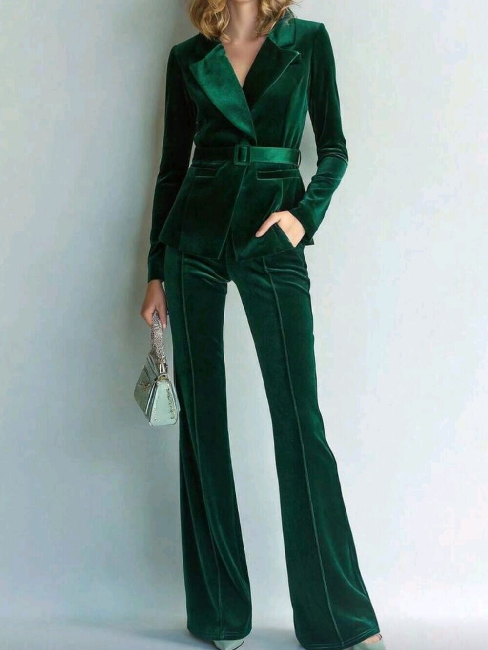 Magic  Elegant Women's Long Sleeve Shawl Collar Velvet Pant Suit With Belted